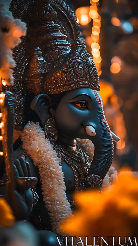 Photorealistic Ganesha idol with garlands and warm bokeh.