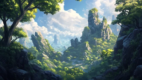 Sunlit mountain valley with towering stone spires and forest