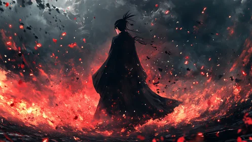 Lone dark swordsman striding through a storm of molten embers.