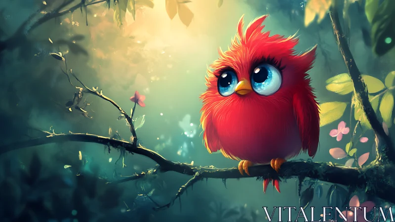 Adorable Red Cartoon Bird with Big Eyes on a Mystical Branch.