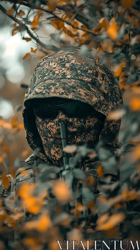 Hidden watcher in autumn leaves and digital camouflage.