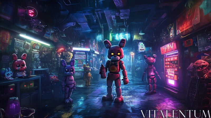 Neon-lit robot mascots patrol rain-soaked cyberpunk alleyway.