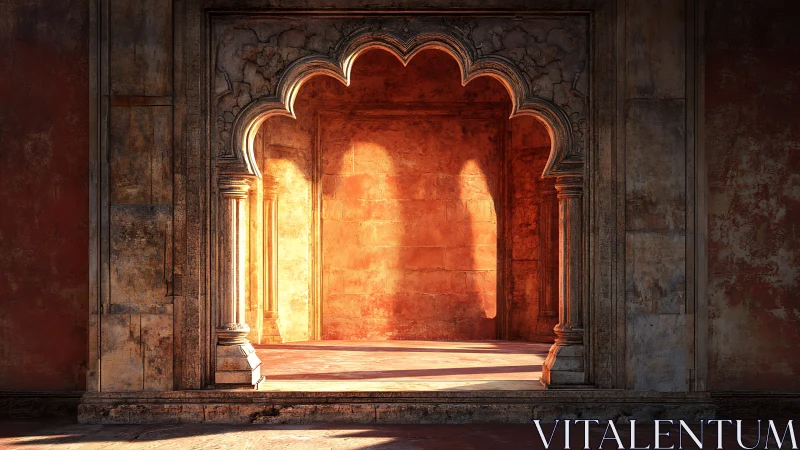 Sunlit arched doorway illuminates a weathered stone hall.