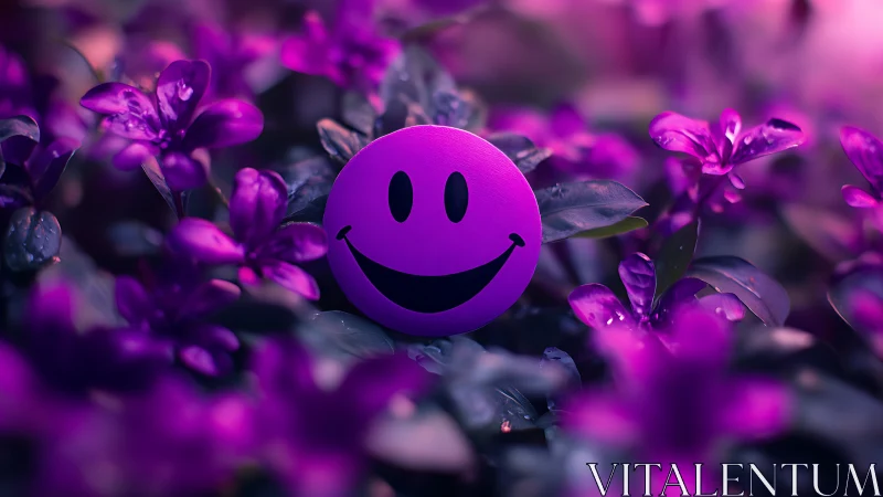 Smiley face hiding in dreamy neon purple flower garden.