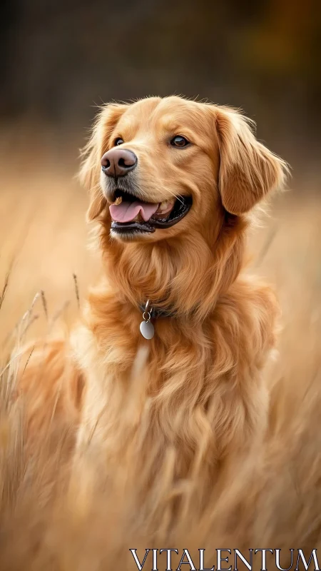 Golden retriever sits in warm autumn field, glowing with joy