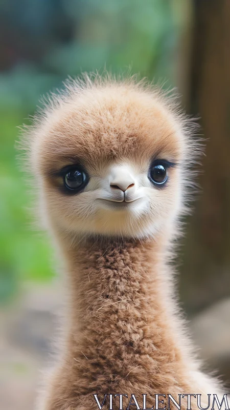 Fluffy baby llama gazes with impossibly gentle wonder.
