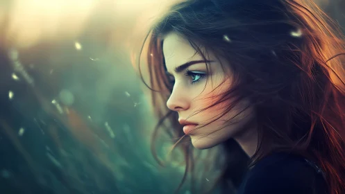 Wind-swept young woman gazes into soft golden distance.