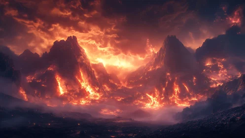 Volcanic mountain range engulfed by luminous lava flows and pyroclastic inferno under apocalyptic sk
