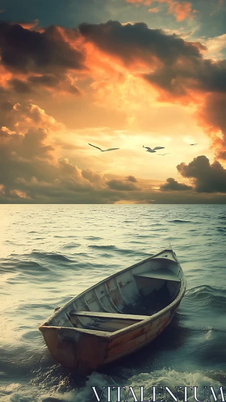 Solitary rowboat drifts beneath blazing, storm-lit sunset sky.