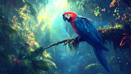 Scarlet macaw on mossed branch in luminous jungle light.