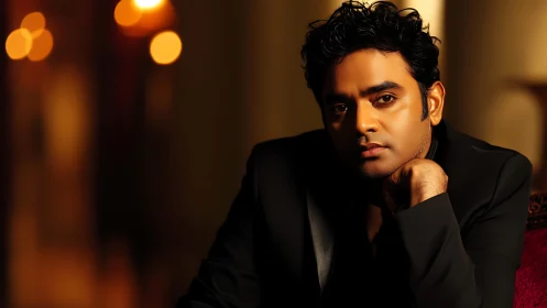 Moody male portrait with warm bokeh background lighting.