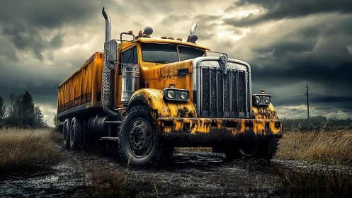 Yellow industrial dump truck on muddy rural roadside under clouds.
