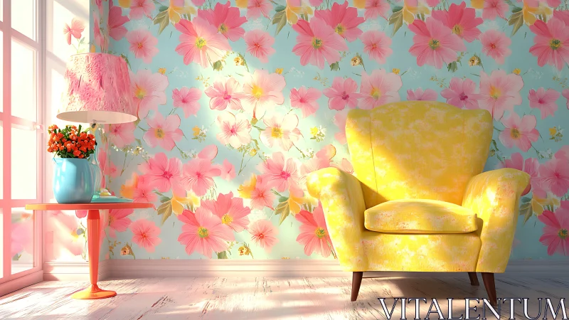 Yellow armchair anchors vibrant floral pastel interior