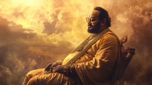 Digital painting portrait of serene guru in radiant clouds.