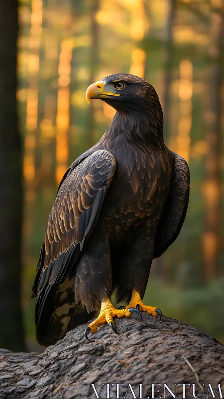 Regal eagle stands watchful in golden forest light