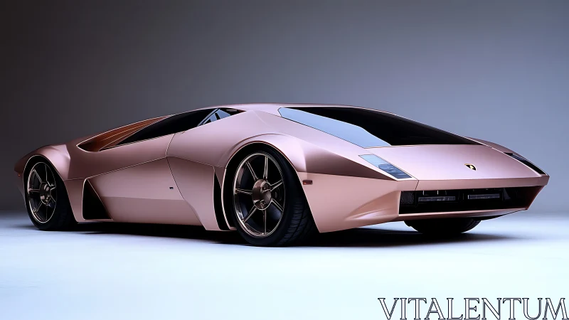 Low-angle view shows metallic rose supercar in studio