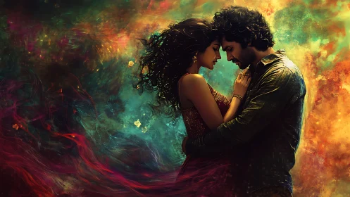 Romantic couple embraced in vibrant ethereal light.