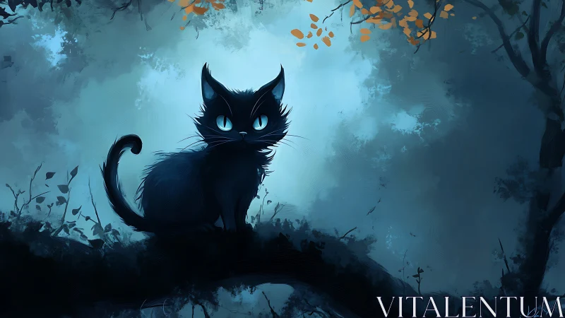 Black Cat with Glowing Eyes in Misty Forest.