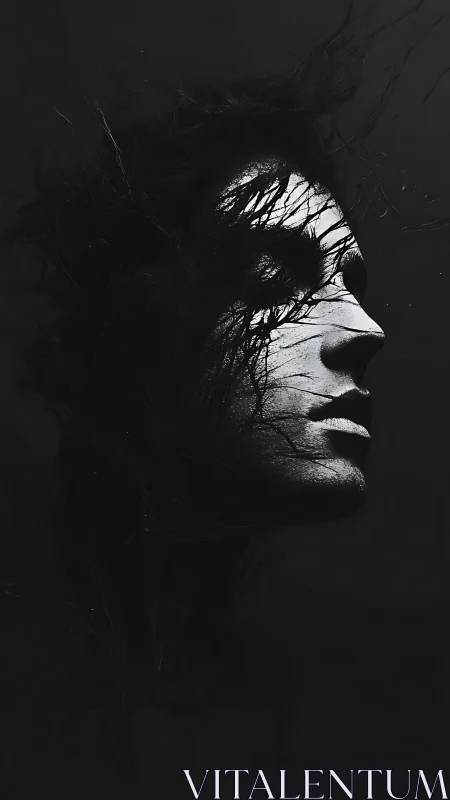 Monochrome profile portrait with abstract dark tendrils.