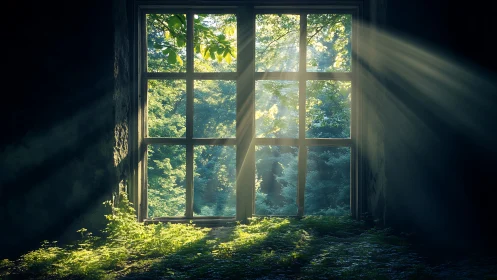 Forest light through old window in abandoned room.