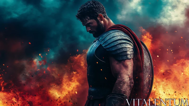 Brooding armored warrior amid blazing battlefield inferno.
