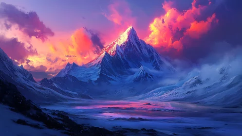 Blazing sunset crowns a serene, snow covered mountain peak