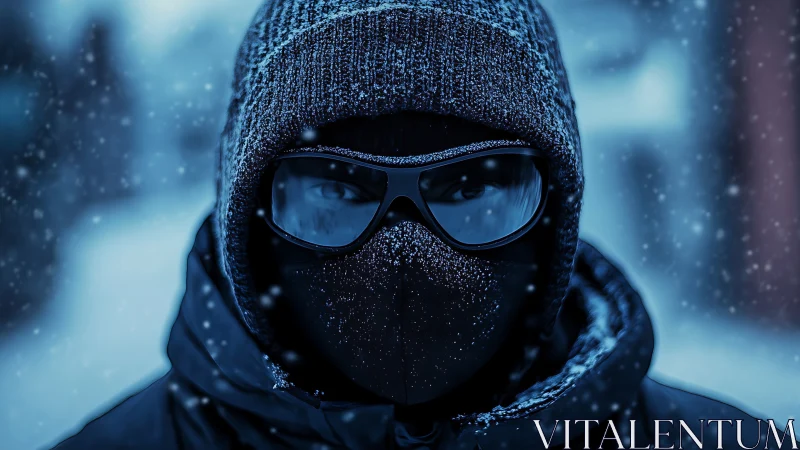 Snow-dusted winter wanderer wrapped in midnight blue calm.