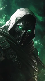 Hooded cyber specter glares with vivid toxic green eyes
