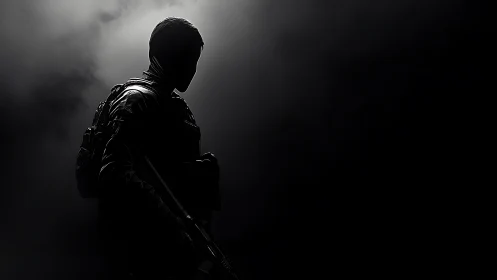 Tactical soldier silhouette holds rifle in heavy shadow.
