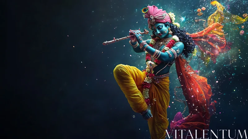 Krishna figure plays flute in dynamic, colorful digital scene