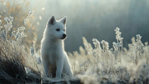 White dog sits in frosty field under diffuse morning light