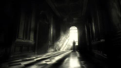 Lone silhouette stands in sunlit corridor of dark mansion