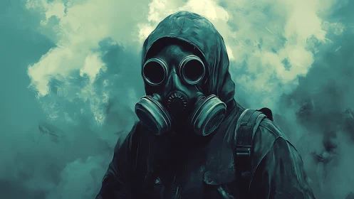 Hooded survivor in gas mask amid teal toxic haze.