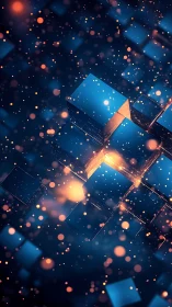Glowing blue cubes drifting through a dreamy night sky.