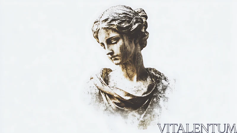 Weatherworn marble muse adrift in soft white silence.