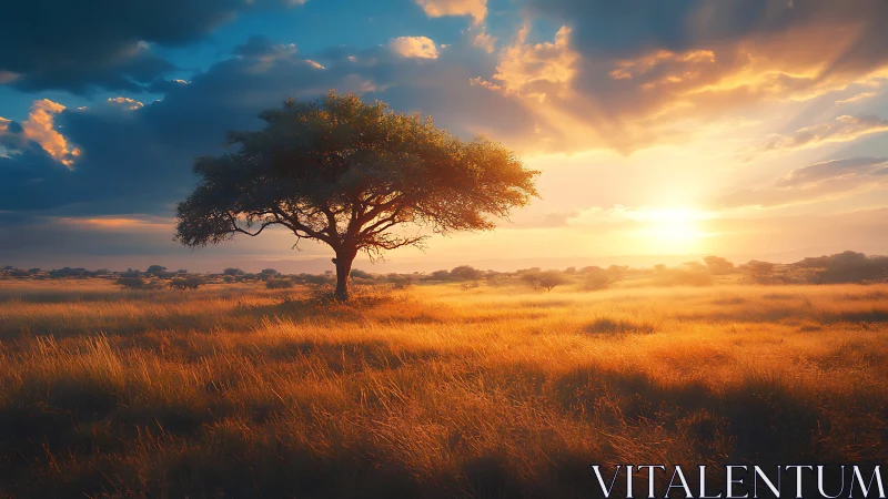 Golden savanna sunset cradling a solitary, peaceful tree.