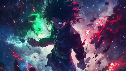 Stormlit anime warrior ignites neon power in cosmic ruin.