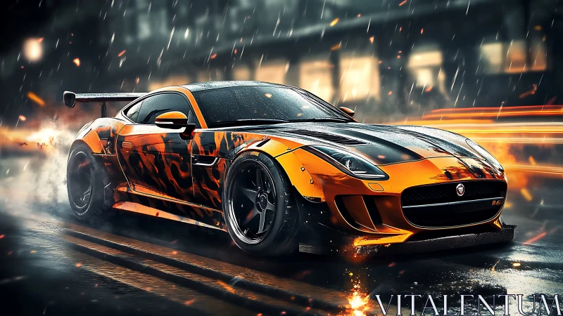 Street racer supercar drifts through neon rainstorm at night.