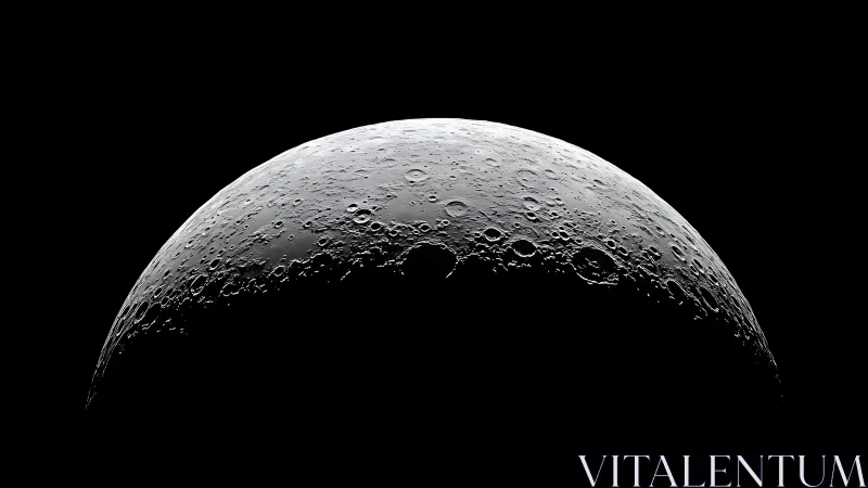 Lunar surface crescent with detailed craters in shadowed space.