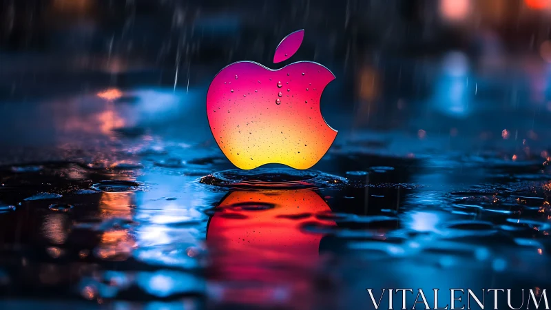 Neon gradient apple logo glows over a rainy city street