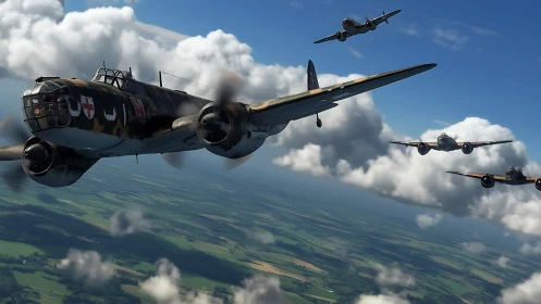 Photorealistic WWII bomber formation in dynamic aerial perspective.
