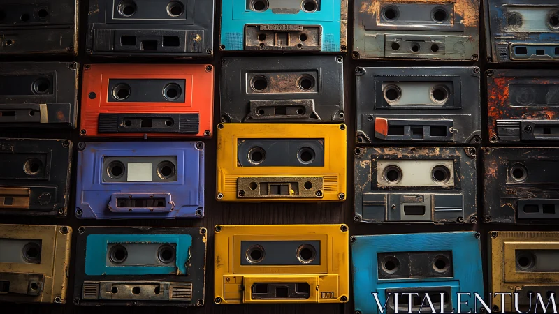 Grid of worn multicolored cassette tapes is arranged uniformly