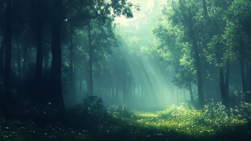 Misty forest cathedral with divine light rays.