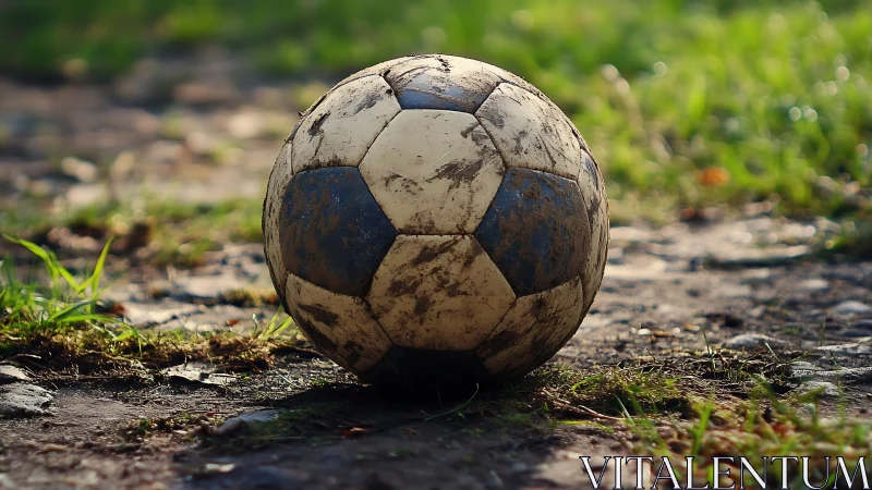Weathered soccer ball on muddy pitch in warm sunset light.