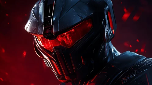 Armored cybernetic soldier with burning red visor glow.