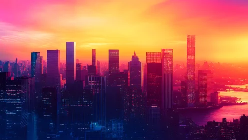 Chromatic gradient skyline under high-saturation sunset field.