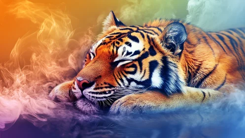 Resting tiger amid multicolored vapor gradient background.