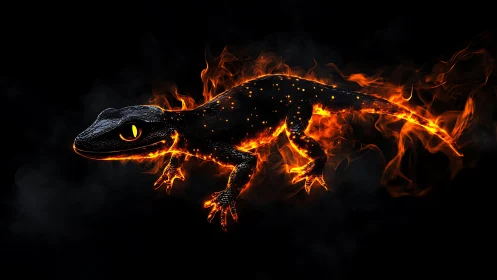 Inferno gecko prowls through shadow with molten firelight.