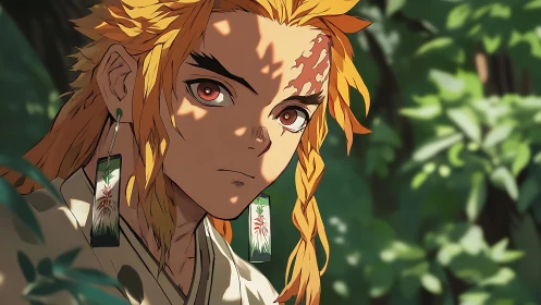 Cinematic anime portrait with dappled foliage lighting and sharp focus