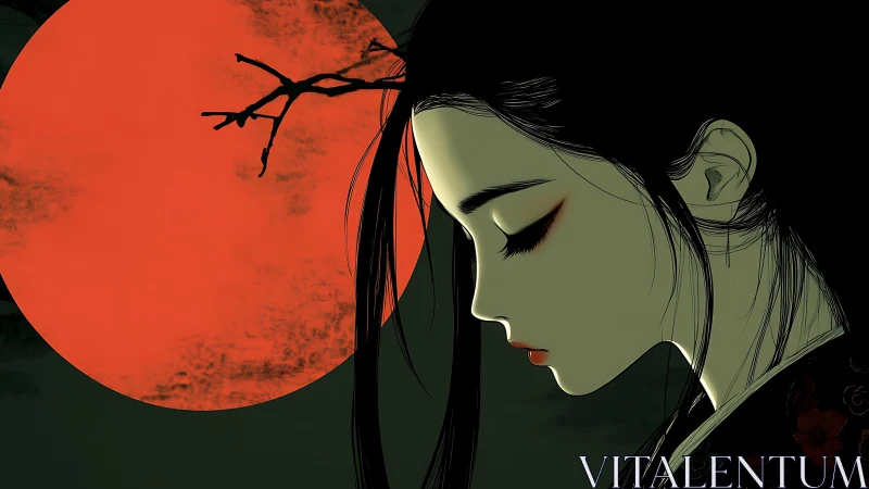 Side profile of woman in stylized anime art against red moon